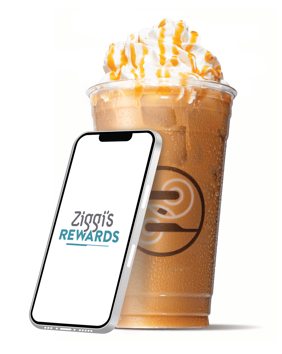 Ziggi’s Coffee Rewards app displayed on a smartphone in front of an iced caramel coffee topped with whipped cream and drizzle. Join Ziggi’s Rewards for free drinks, exclusive offers, and mobile ordering convenience.
