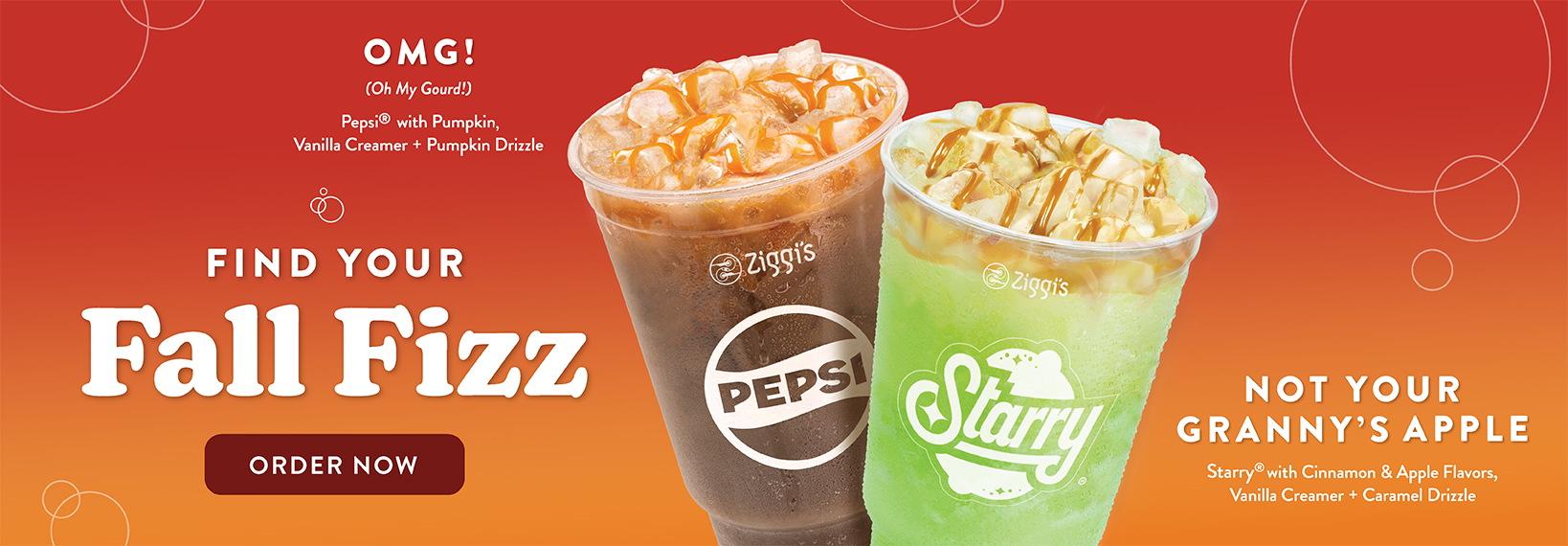 Ziggi’s Dirty Sodas: Pepsi OMG with pumpkin drizzle and Starry Not Your Granny’s Apple with caramel.