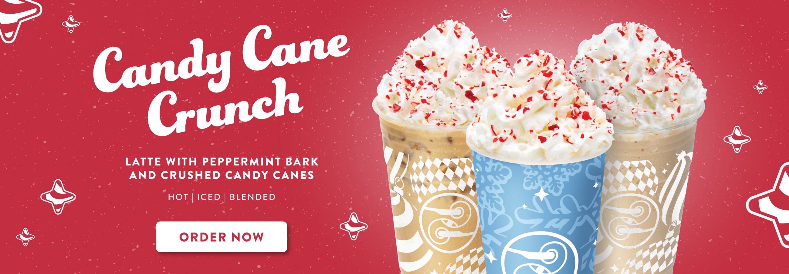 Ziggi’s Coffee Candy Cane Crunch Latte banner featuring festive drinks topped with whipped cream and crushed candy canes on a red holiday background with an ‘Order Now’ button.
