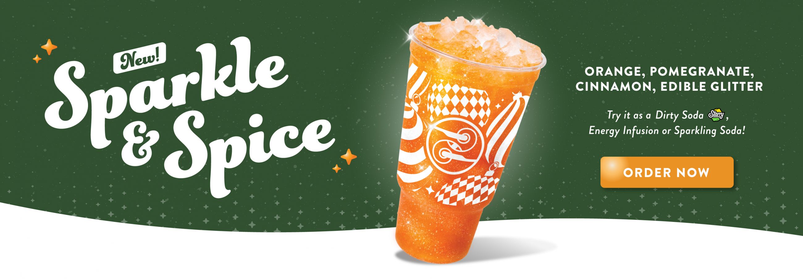 Ziggi’s Coffee Sparkle & Spice drink banner featuring an orange beverage with ice and edible glitter on a green holiday background, highlighting flavors of orange, pomegranate, and cinnamon.