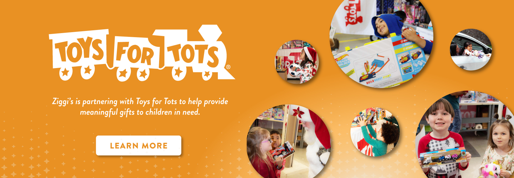 Ziggi’s Coffee partners with Toys for Tots to provide meaningful gifts to children in need, featuring smiling kids receiving toys and a bright orange holiday background.